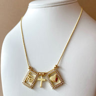 Golden Crystal Faith, Cross & Heart Scapular Necklace