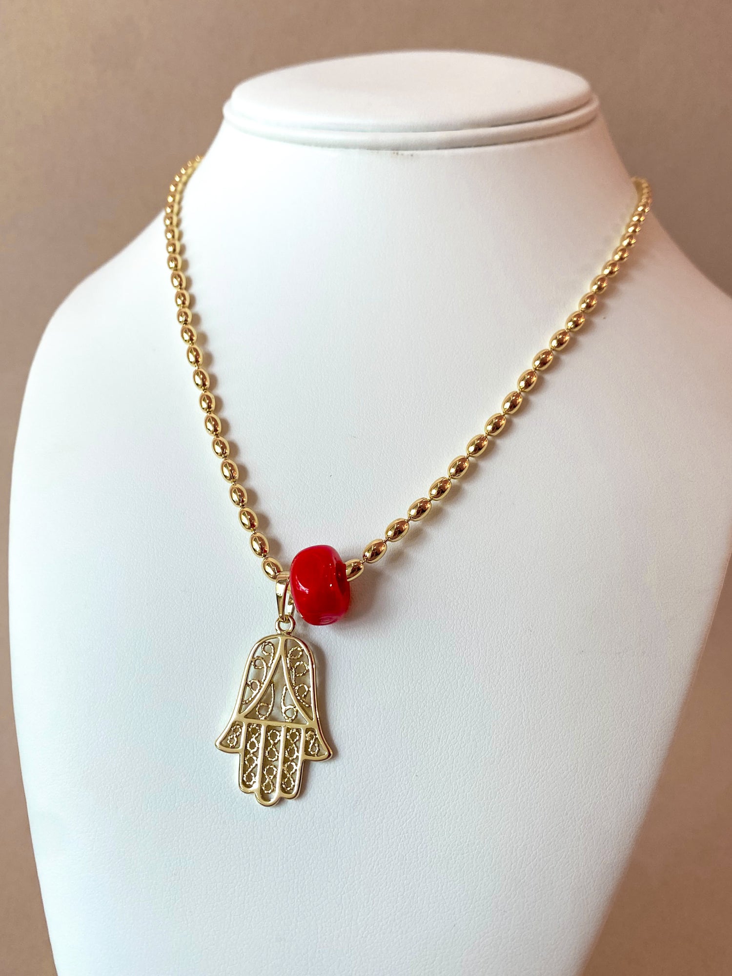 Big Hamsa and Red Turkish Stone Necklace