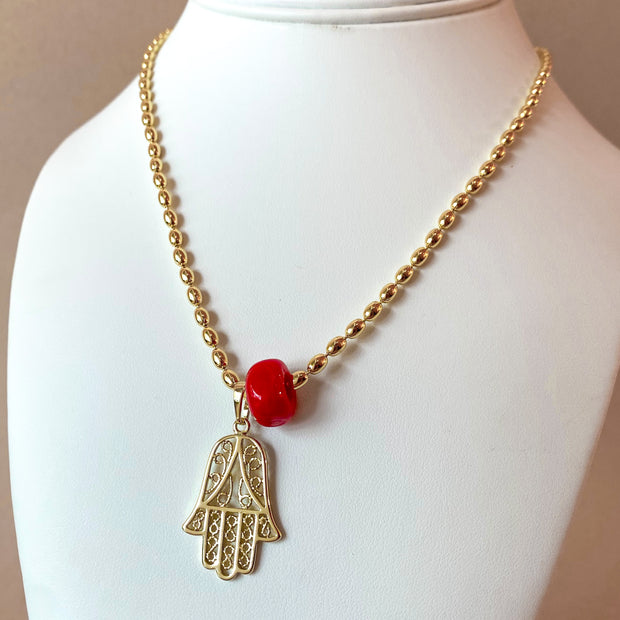 Big Hamsa and Red Turkish Stone Necklace
