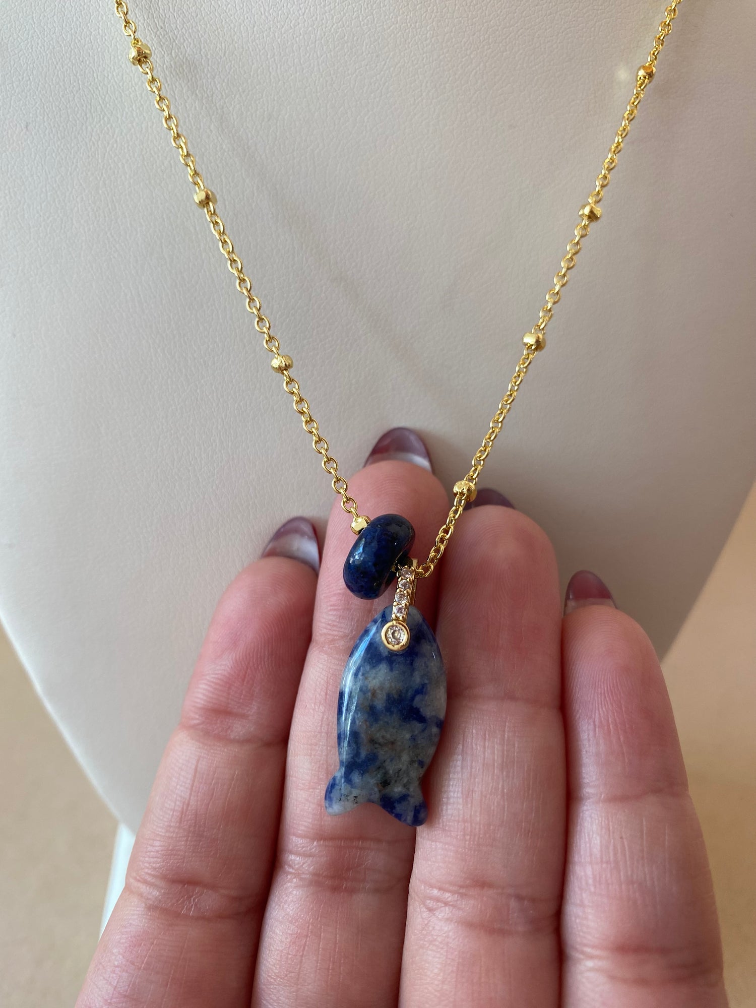 Blue Sodalite Stone Fish Charm and Turkish Necklace