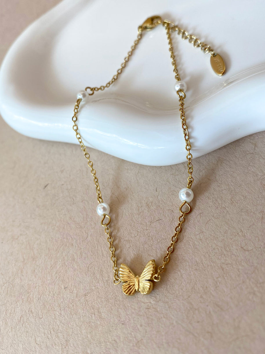 Butterfly and Pearls Steel Anklet