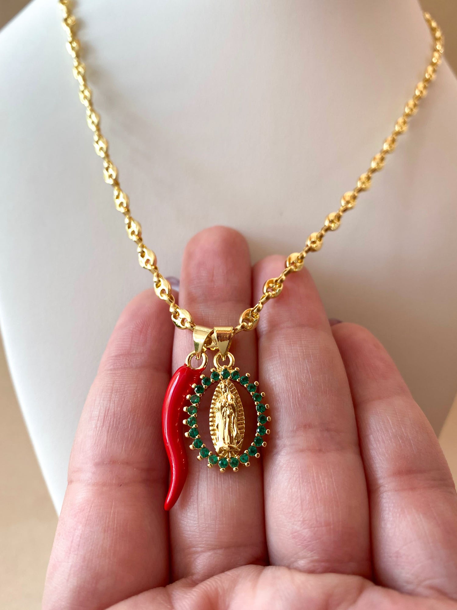 Green Crystals Guadalupe Virgin & Red Horn in Little Coffee Grain Necklace