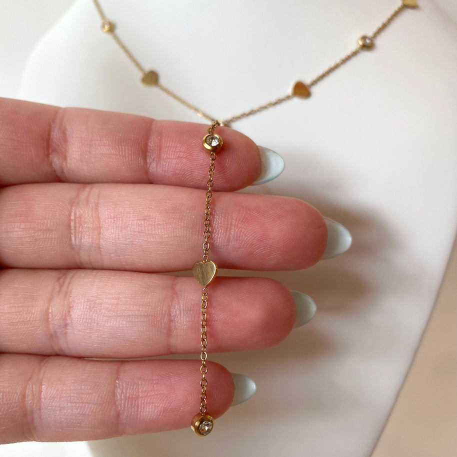 Golden Steel Little Hearts & Zircons Y Necklace