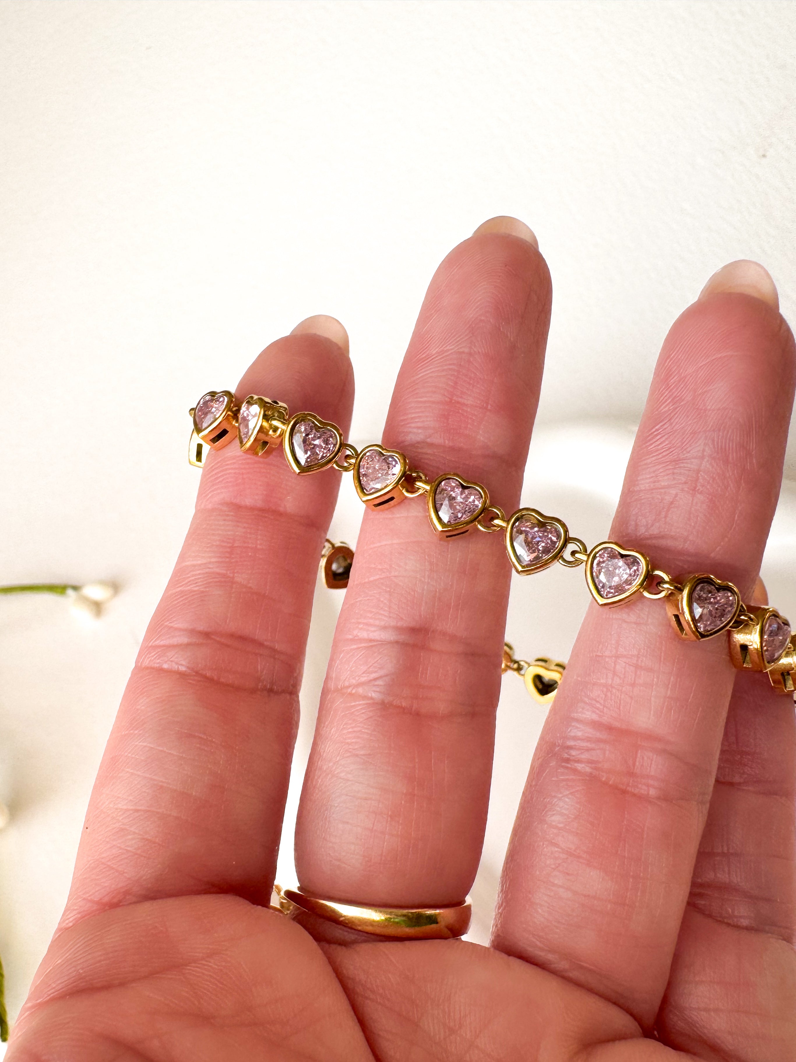 Golden & Pink Little Hearts Pattern Steel Bracelet