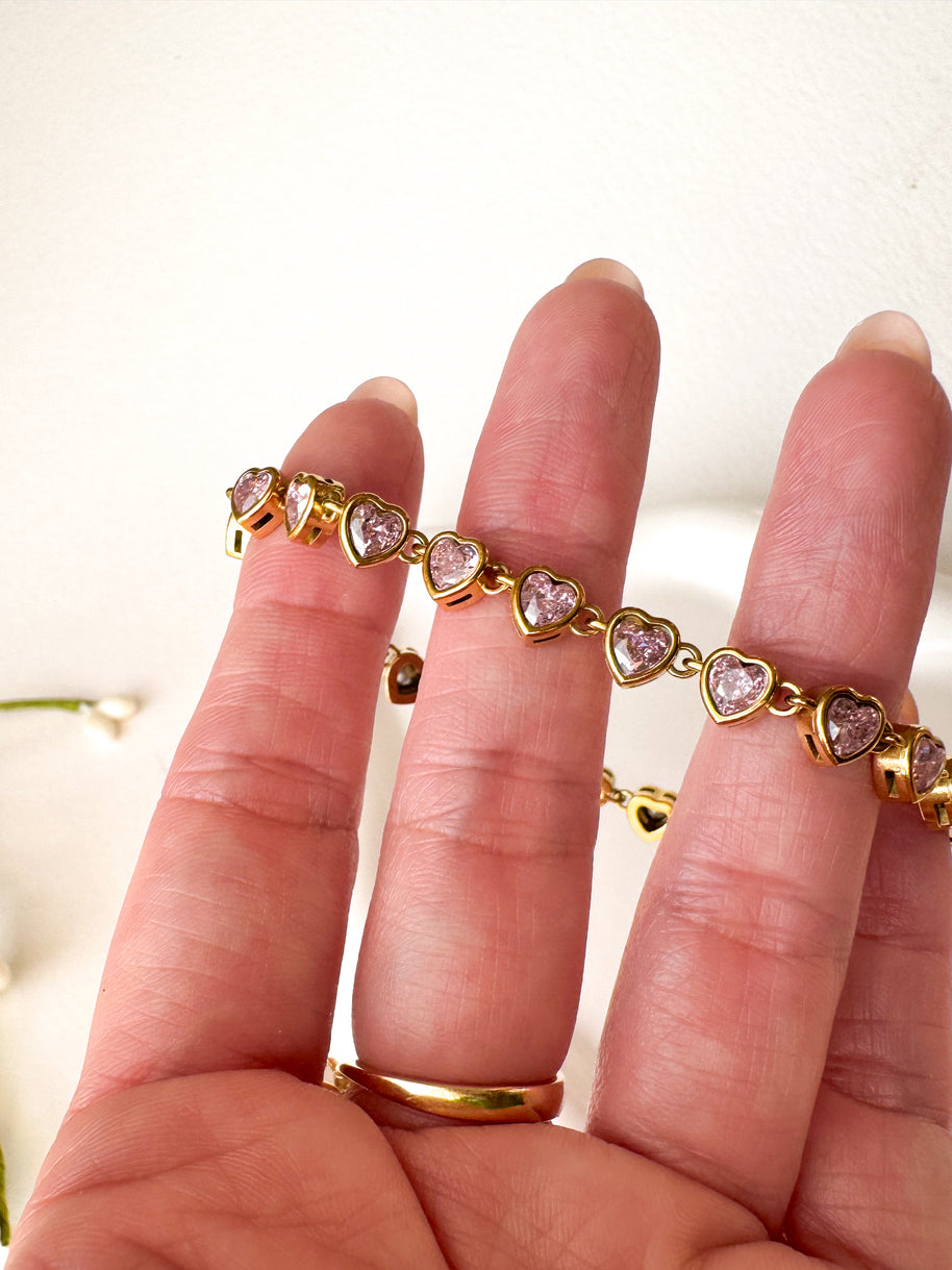 Golden & Pink Little Hearts Pattern Steel Bracelet