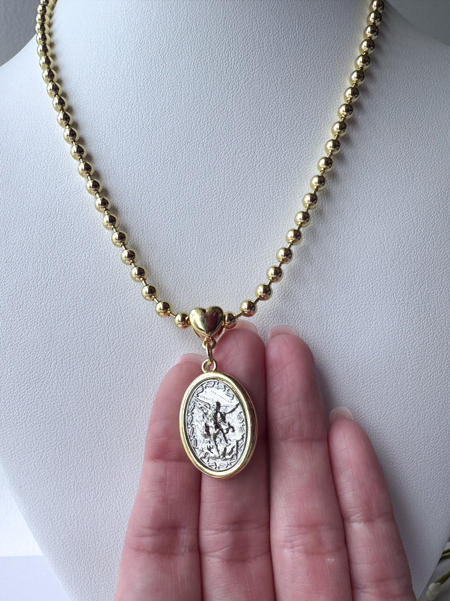 St. Miguel Arcángel Silver & Gold Heart Style Medal Necklace