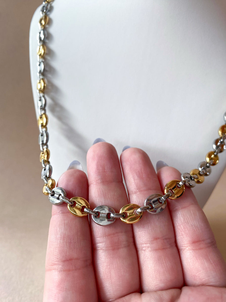 Large Silver & Gold Steel Coffee Grain Necklace