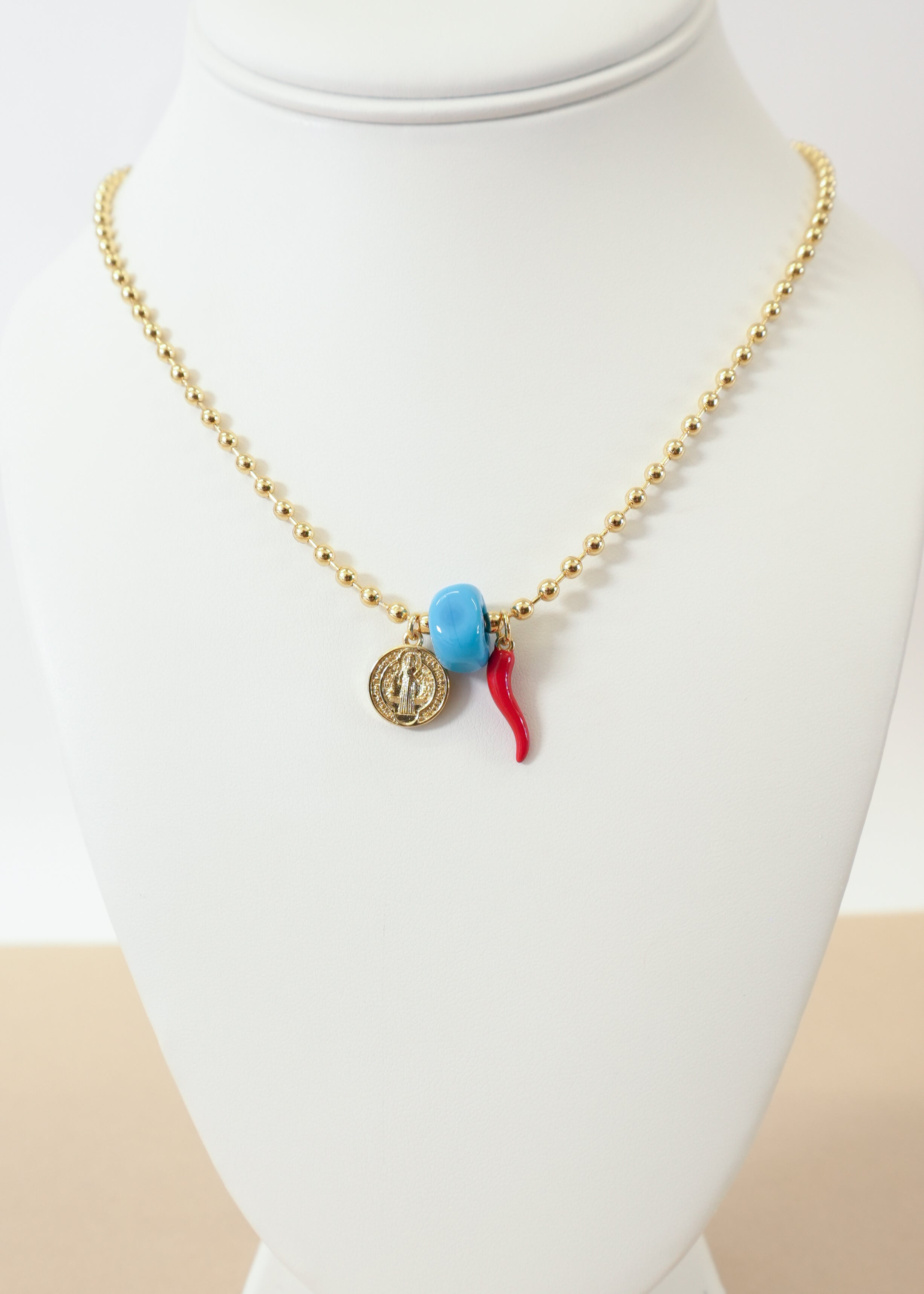 St. Benedict, Red & Blue Protection Charms Necklace