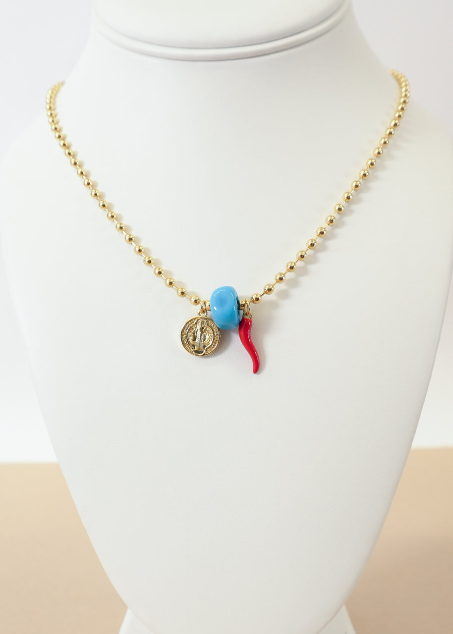 St. Benedict, Red & Blue Protection Charms Necklace