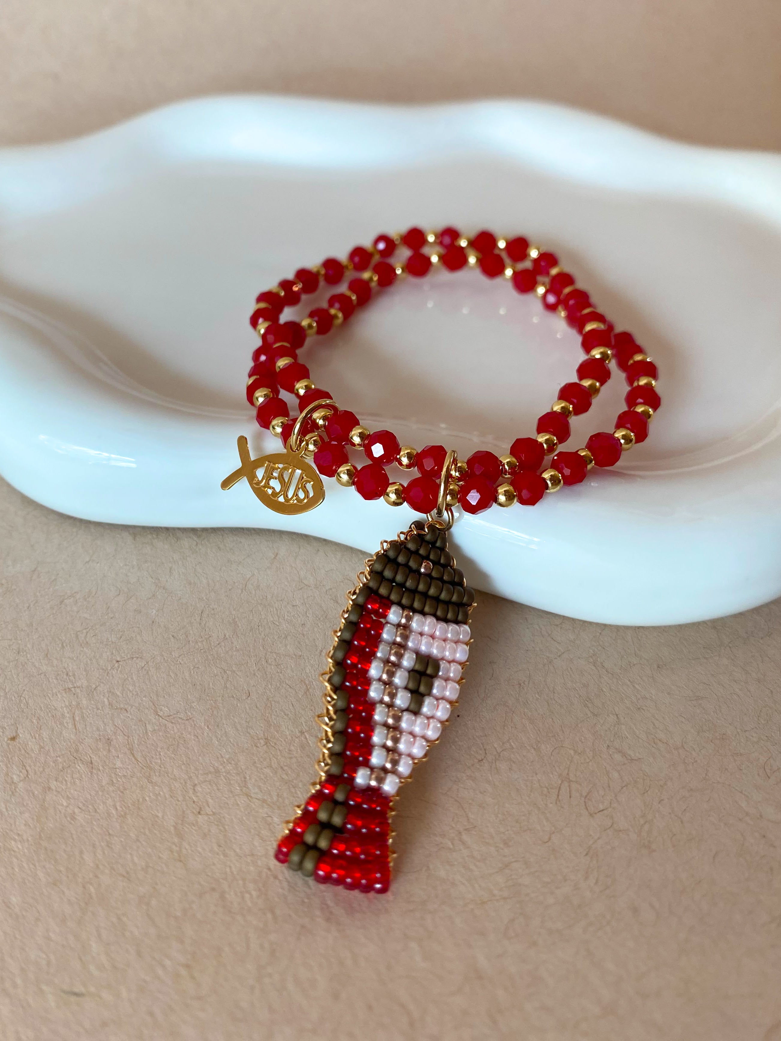 Red Crystals Jesus Fish Charms Elastic Bracelet