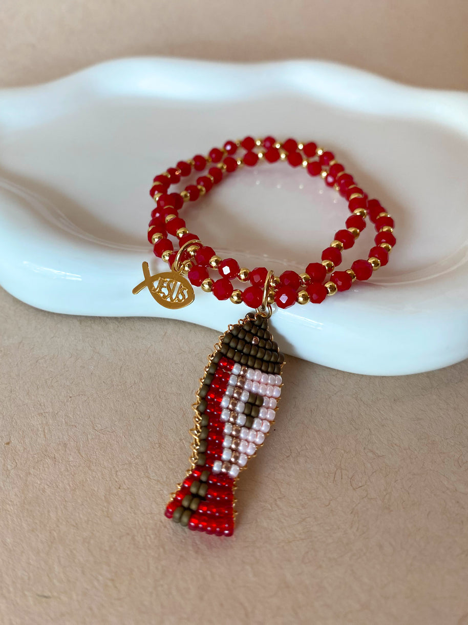 Red Crystals Jesus Fish Charms Elastic Bracelet