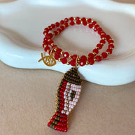 Red Crystals Jesus Fish Charms Elastic Bracelet