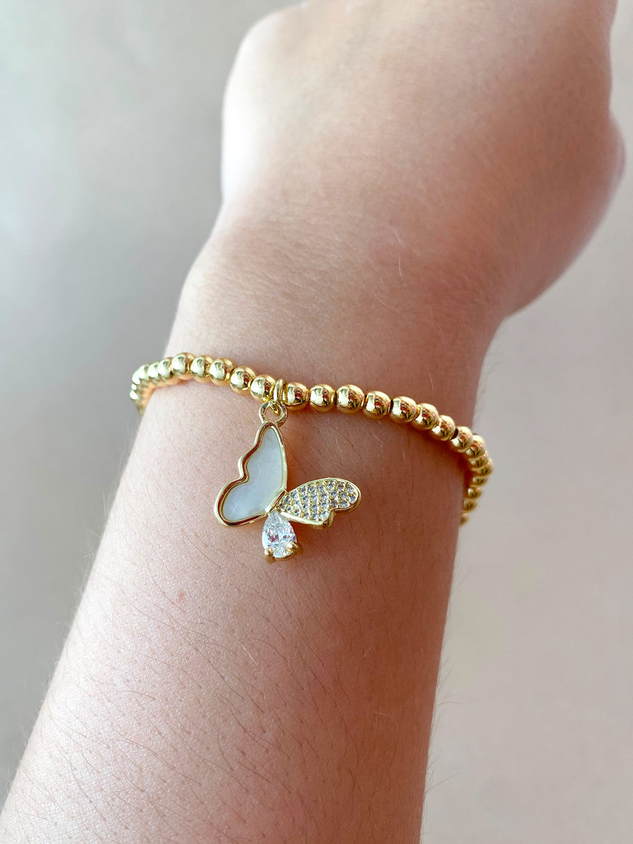 2 Styles of Butterfly Charms and Heart Charm in Golden Elastic Bracelet