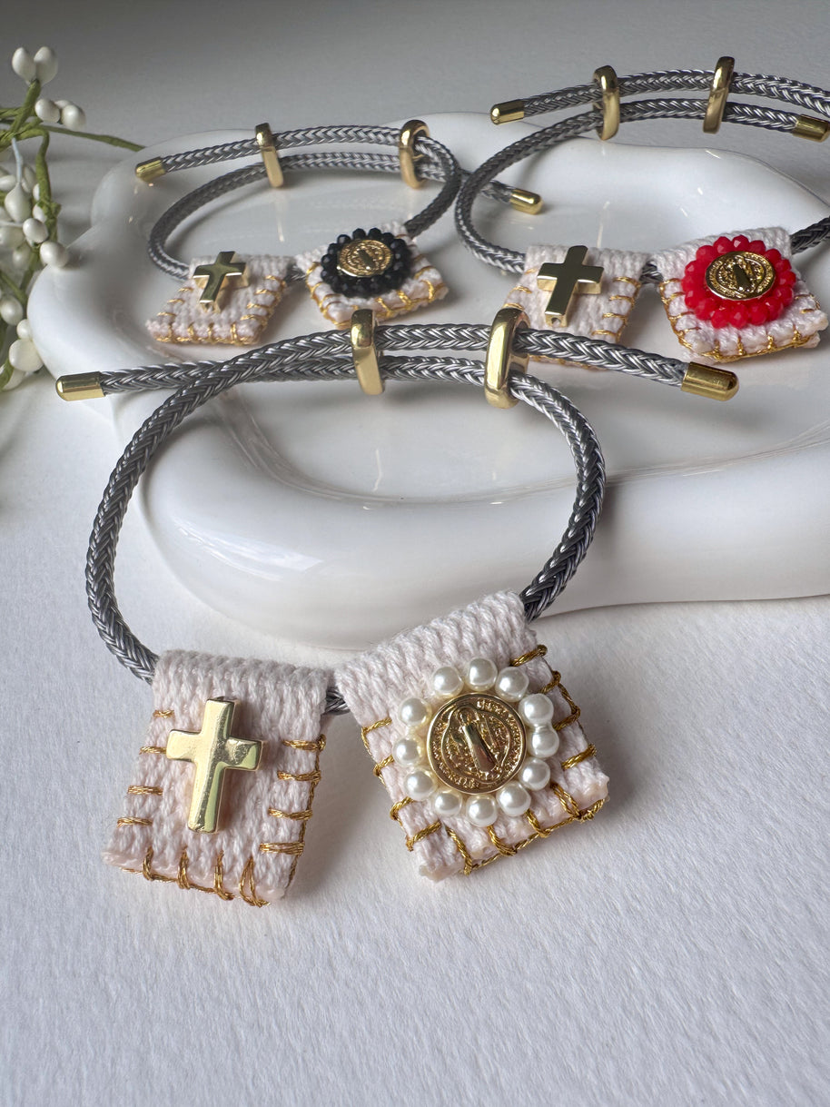 White Pearls St. Benedict Scapular Adjustable Bracelet
