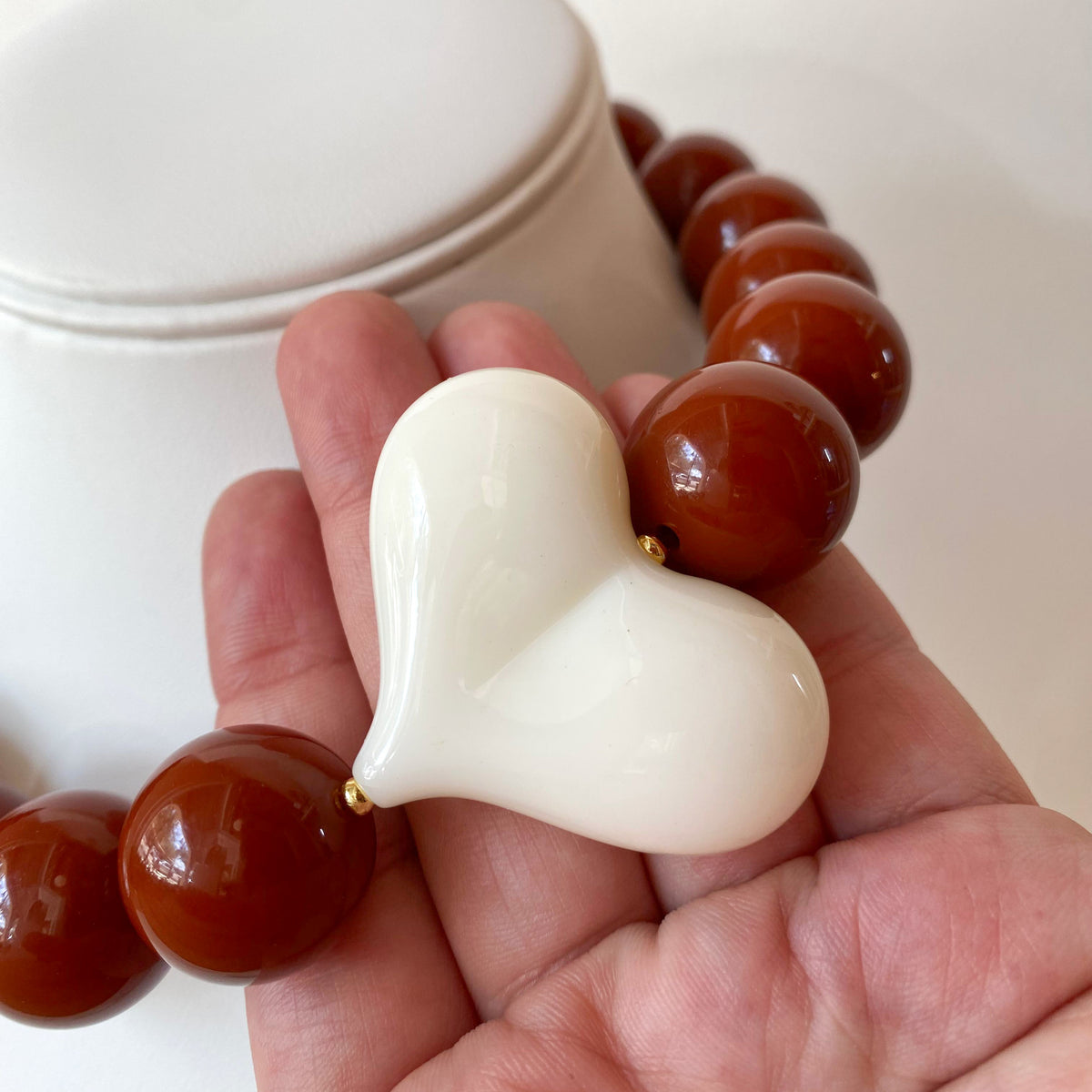 Acrylic Brown Gumball Bead with White Heart Necklace