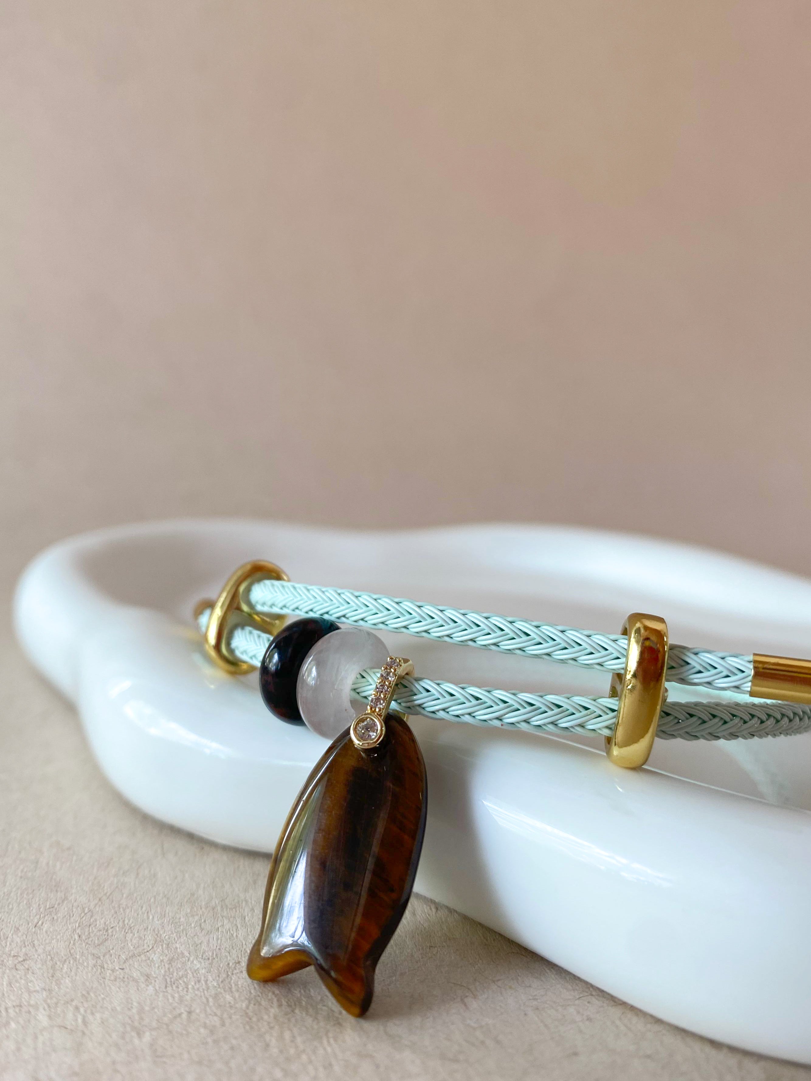 Fish and 2 Turkish Stone Tiger Eye Adjustable Bracelet