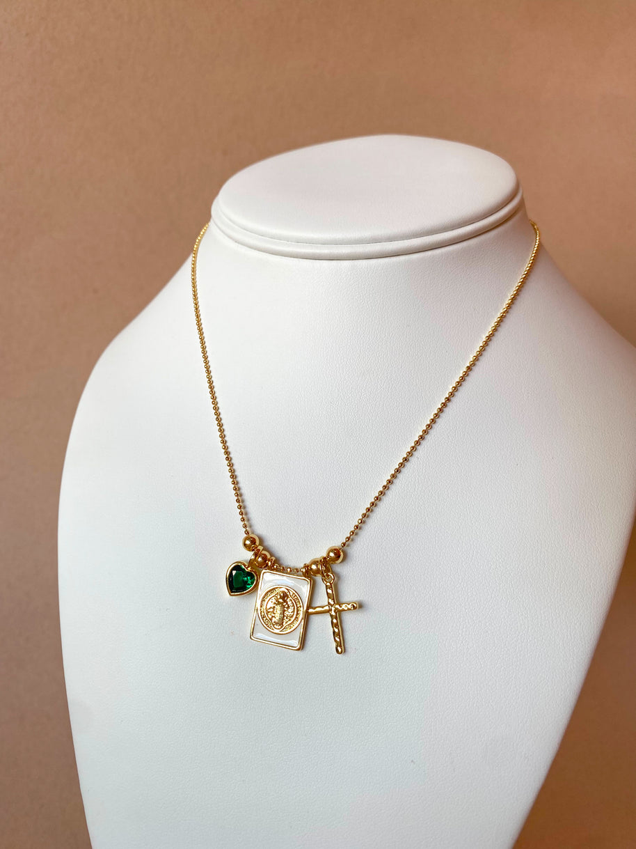 St Benedict Green Heart and Cross Adjustable Scapular Necklace