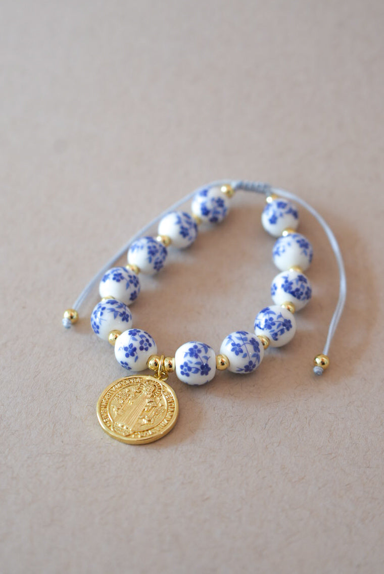 St. Benedict Blue & White Adjustable Bracelet