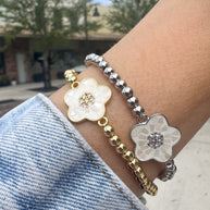White Flowers Silver & Gold Elastic Bracelets