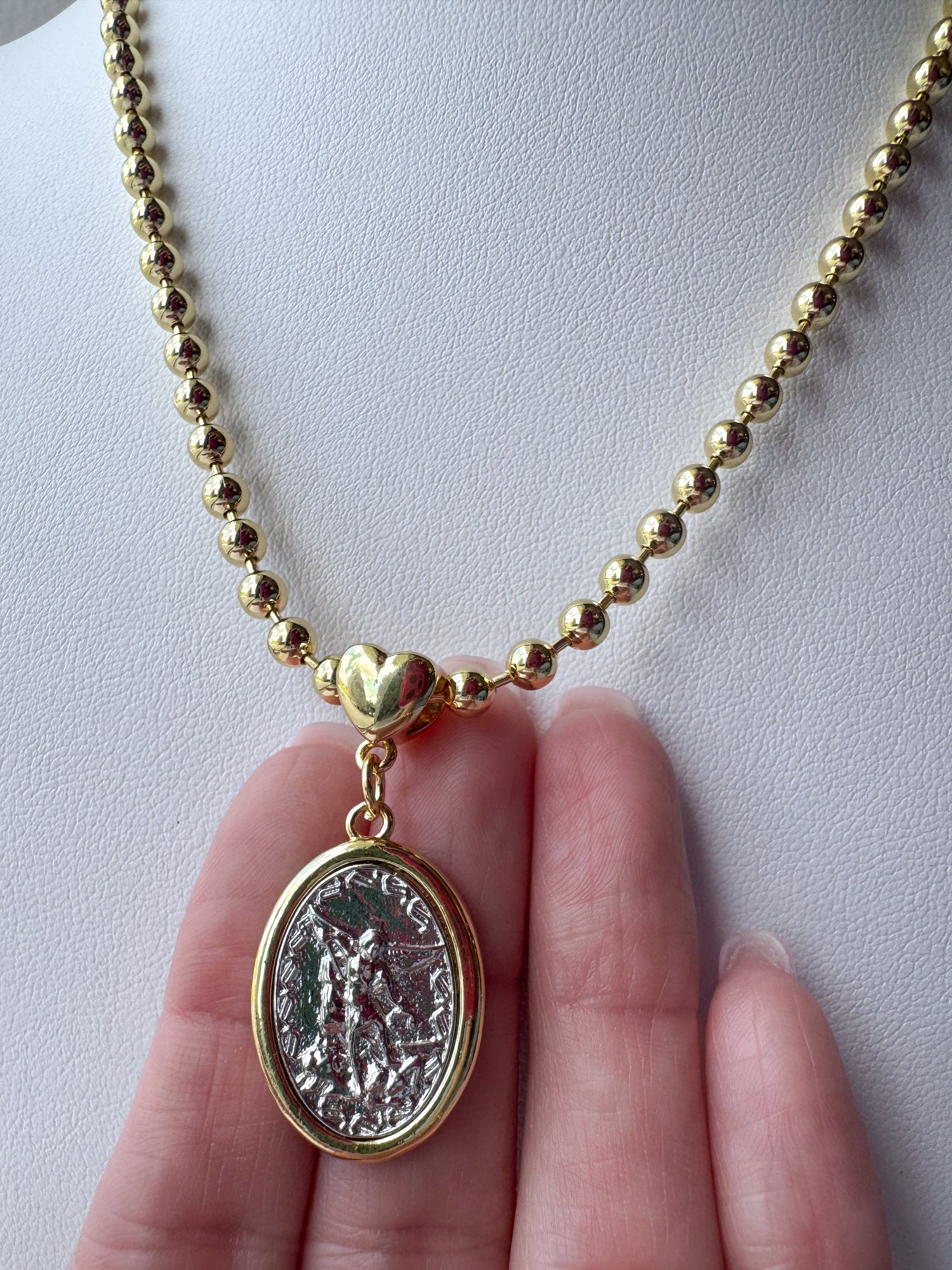 St. Miguel Arcángel Silver & Gold Heart Style Medal Necklace