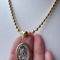 St. Miguel Arcángel Silver & Gold Heart Style Medal Necklace