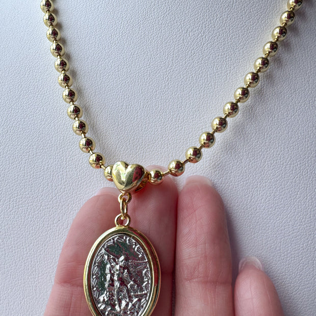 St. Miguel Arcángel Silver & Gold Heart Style Medal Necklace