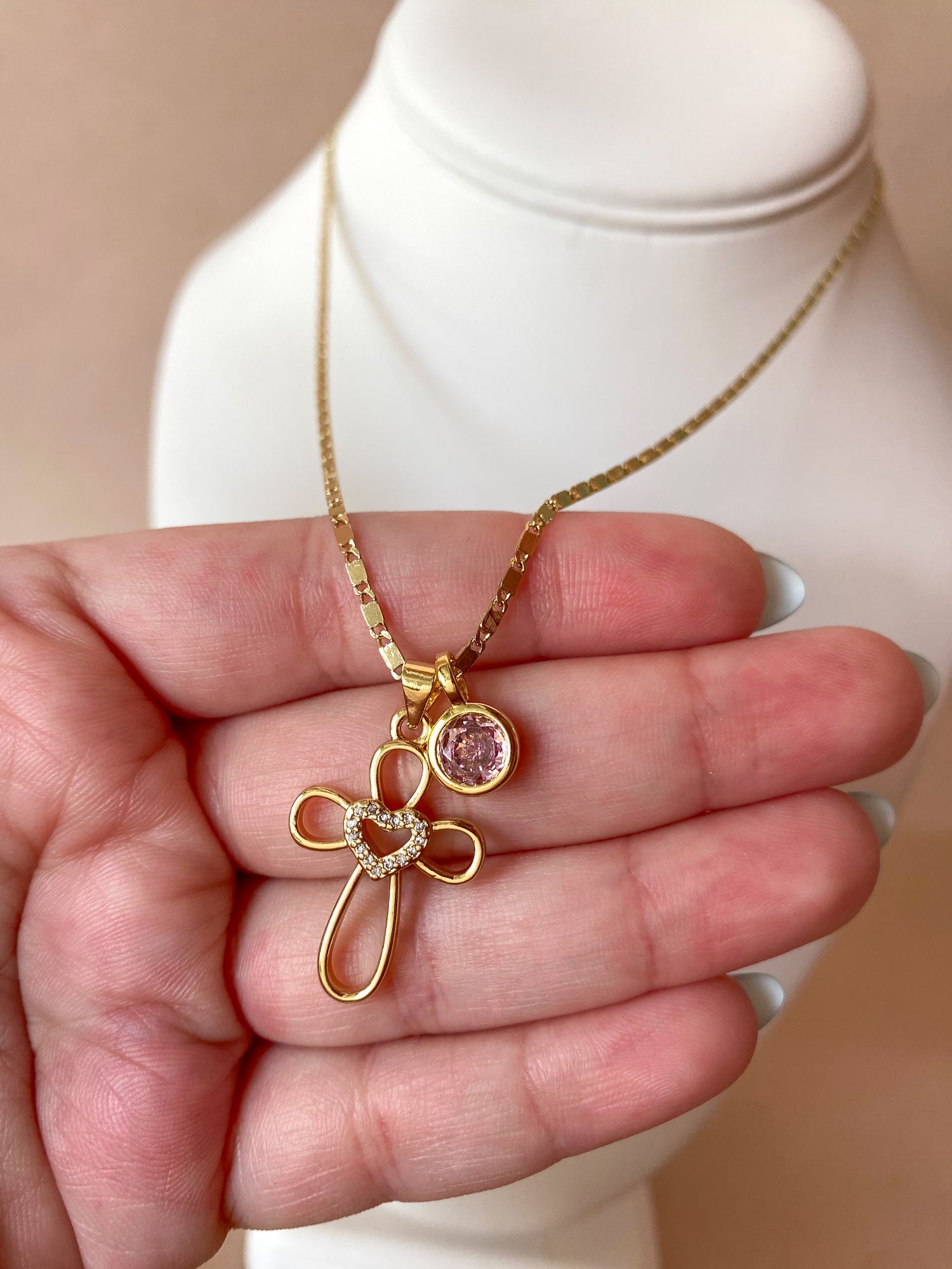 Cross and Pink Crystal Necklace