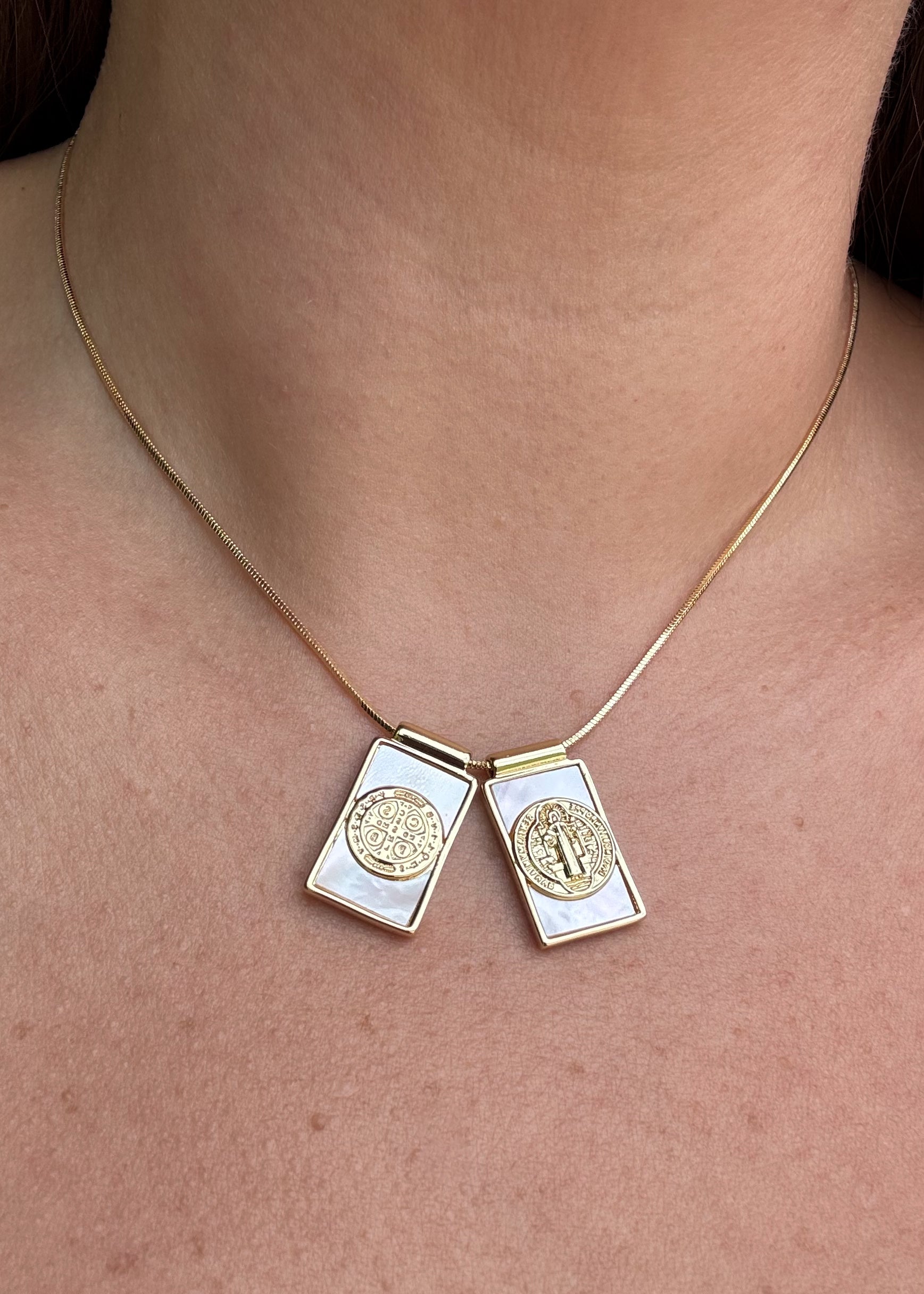St Benedict Medal Scapular Mother of Pearl Adjustable Necklace