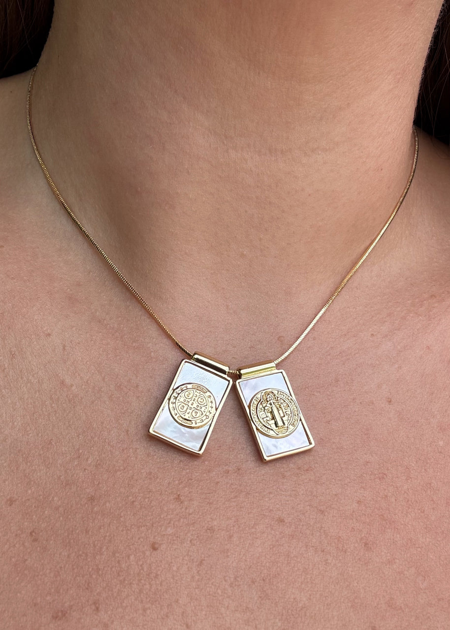 St Benedict Medal Scapular Mother of Pearl Adjustable Necklace