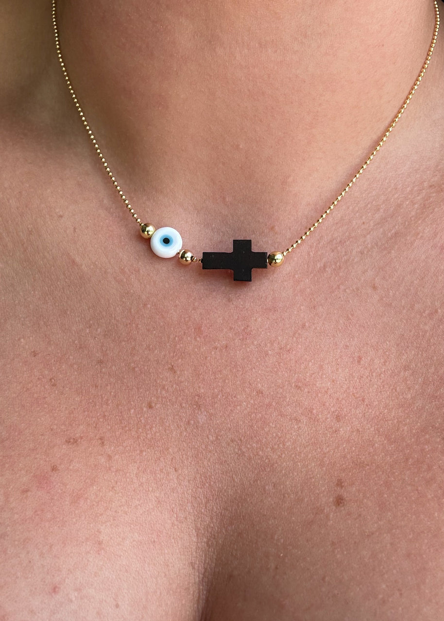 Evil Eye and Cross Azabache Adjustable Necklace