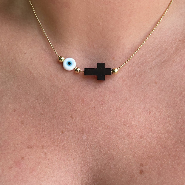 Evil Eye and Cross Azabache Adjustable Necklace