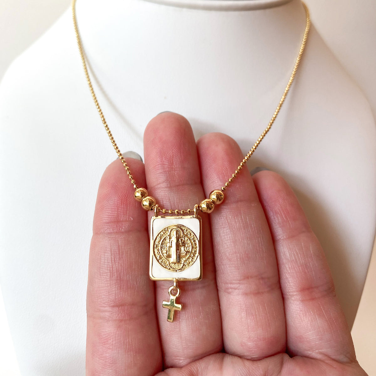 St Benedict Cross White Adjustable Necklace