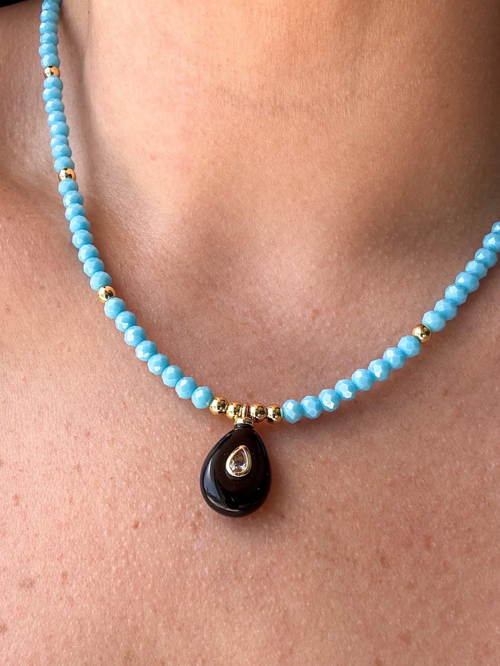 Black Onyx Oval Blue Beads Necklace