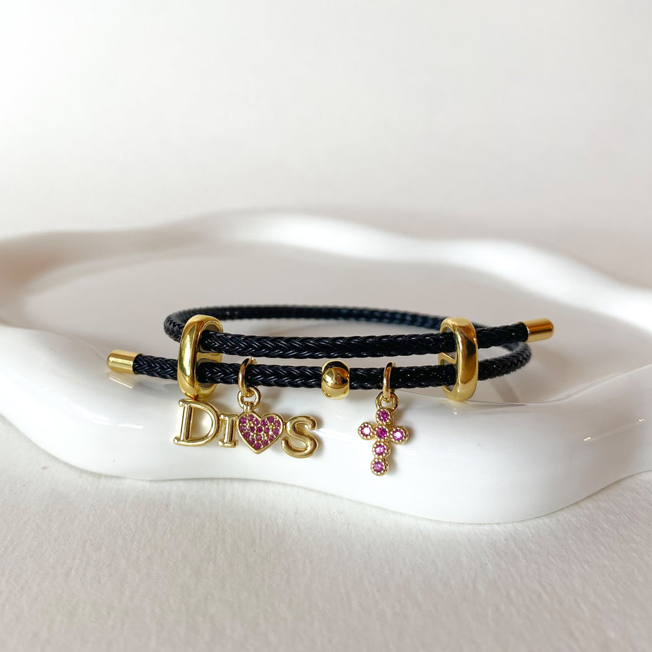 Dios and Crystal Mini Cross Pink in Black Cord Adjustable Bracelet