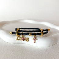 Dios and Crystal Mini Cross Pink in Black Cord Adjustable Bracelet