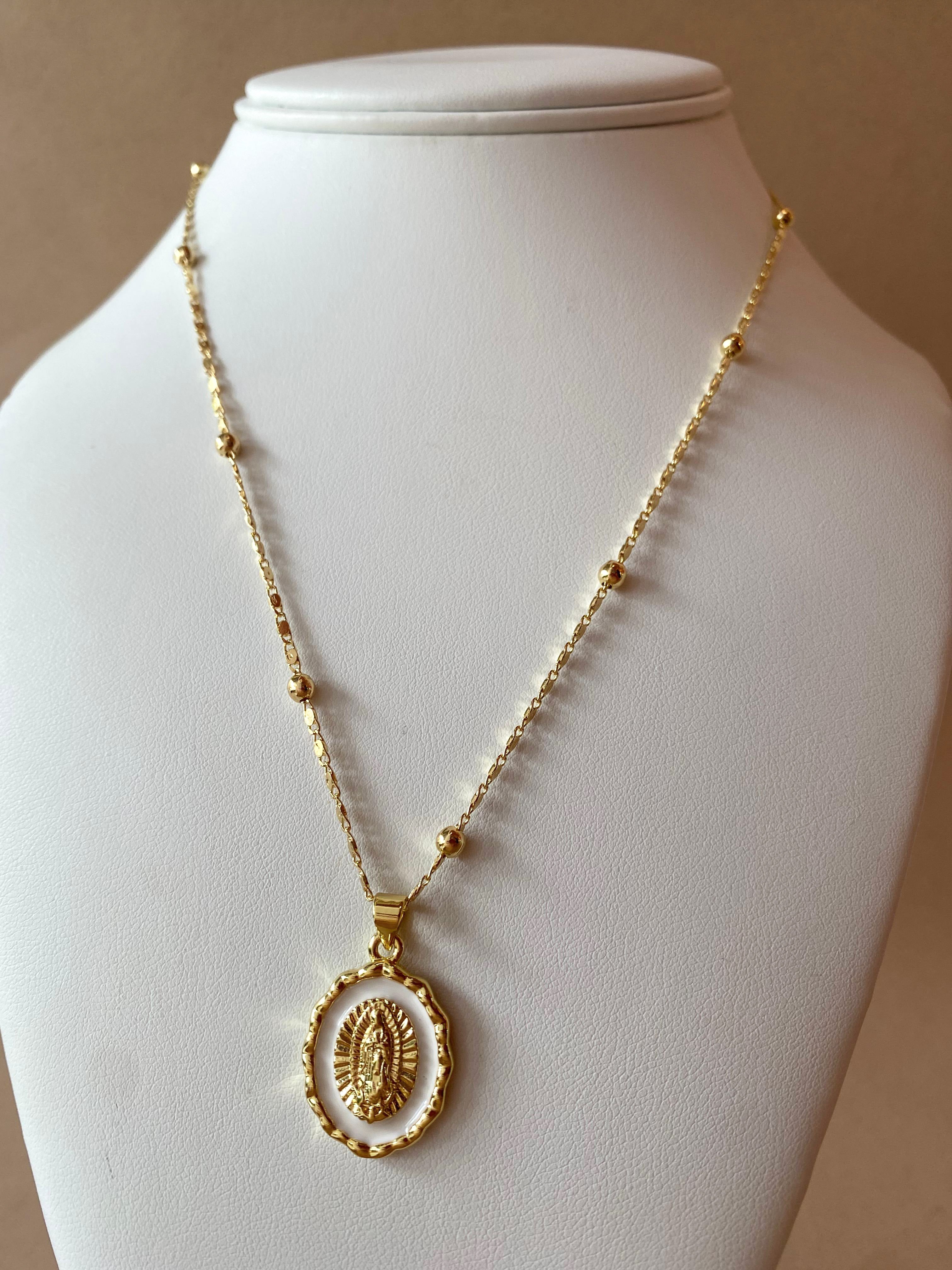 Guadalupe Virgin White Medal Necklace