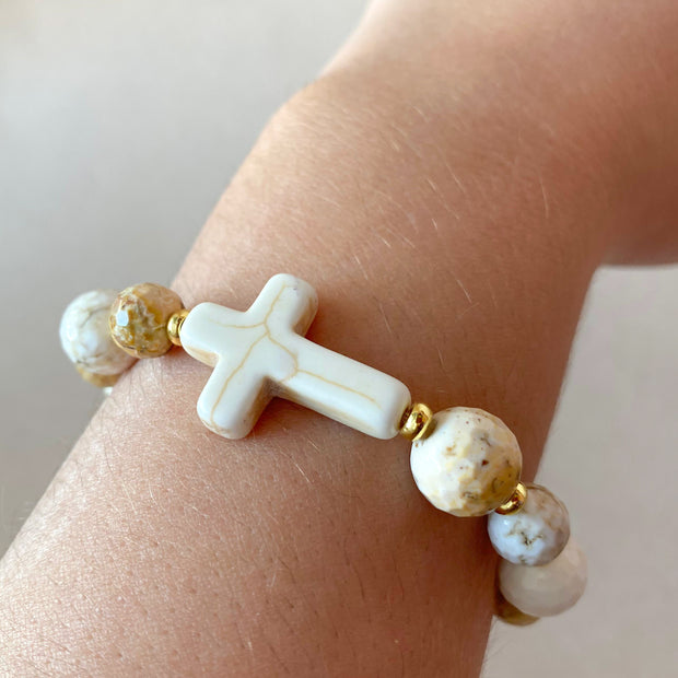 White Cross and Beads Elastic Bracelet