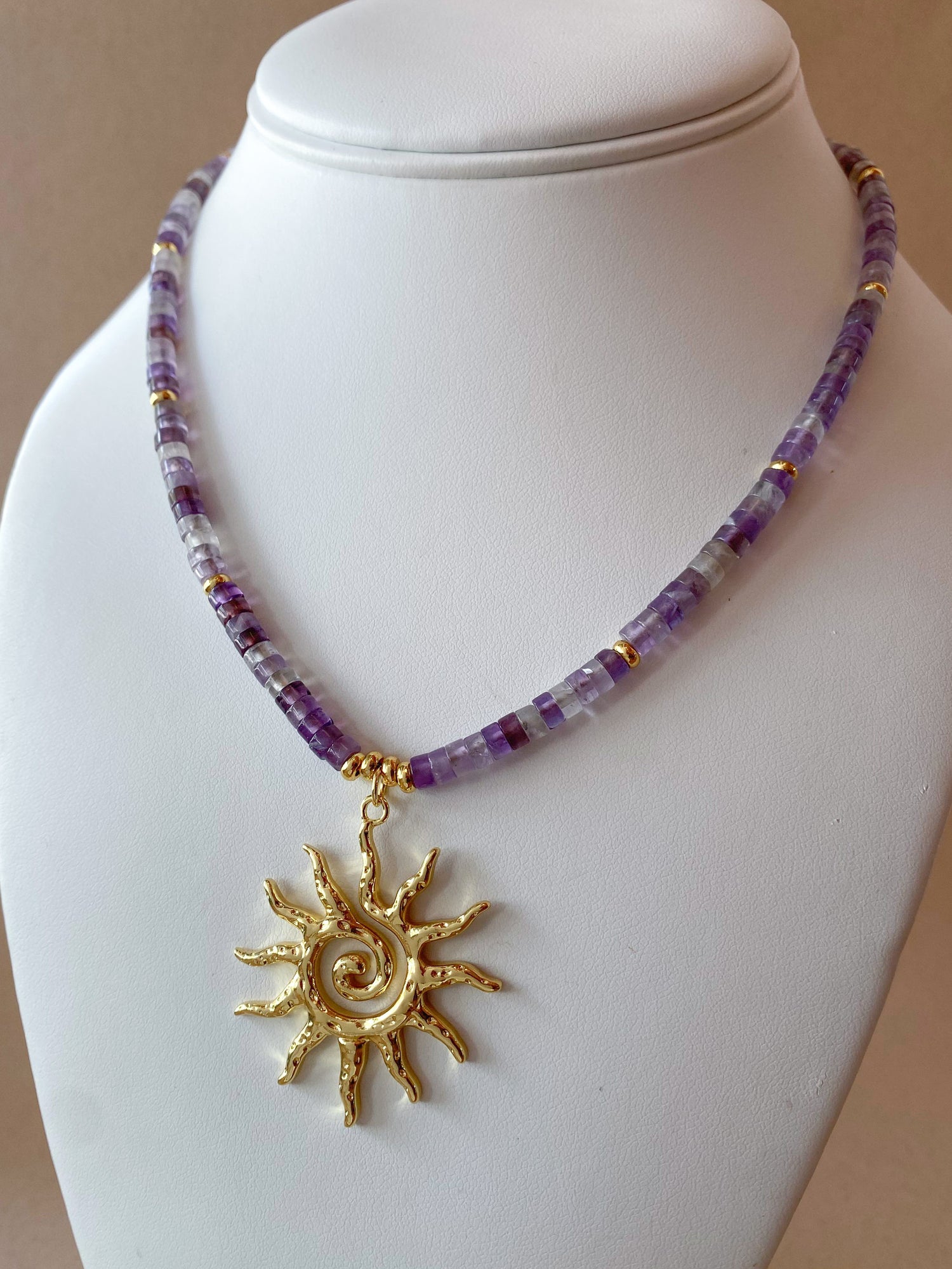 Big Golden Sun Charm in a Amethyst Necklace