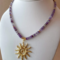 Big Golden Sun Charm in a Amethyst Necklace