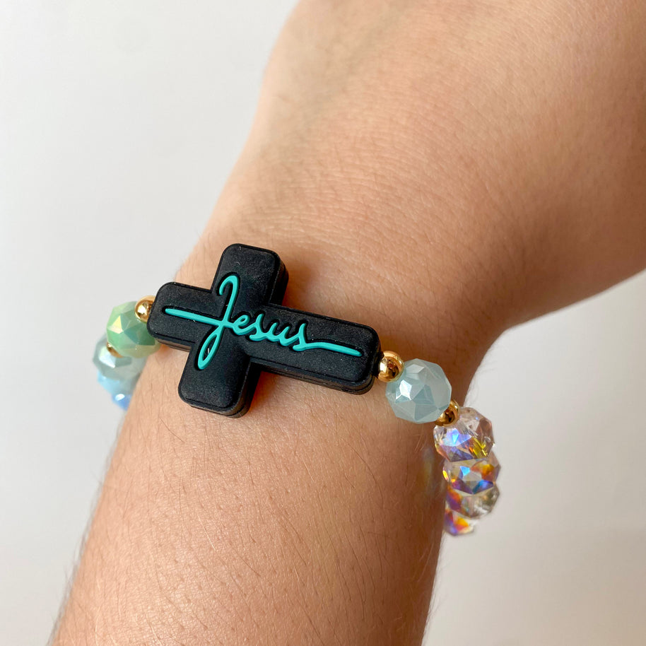 Colorful Jesus Cross Crystal Elastic Bracelets
