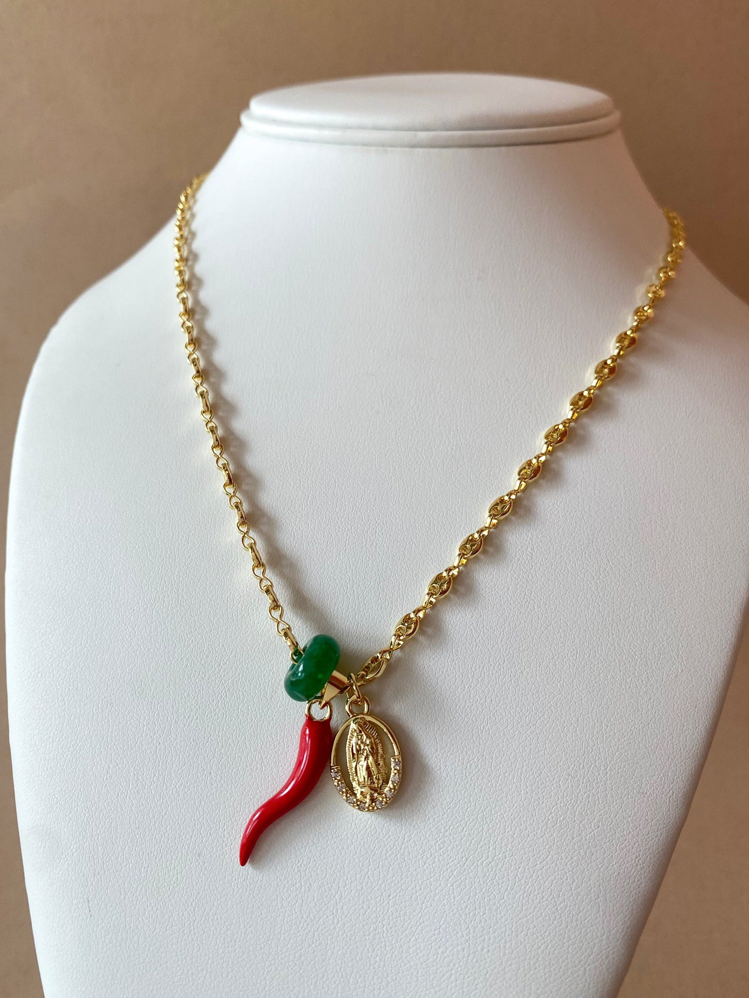 Guadalupe Virgin, Red Horn and Green Stone in Coffee Grain Necklace