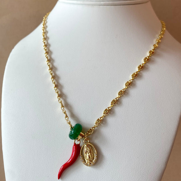 Guadalupe Virgin, Red Horn and Green Stone in Coffee Grain Necklace