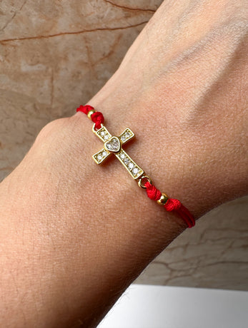 Hilito Rojo Cruz con Cristales y Corazon
