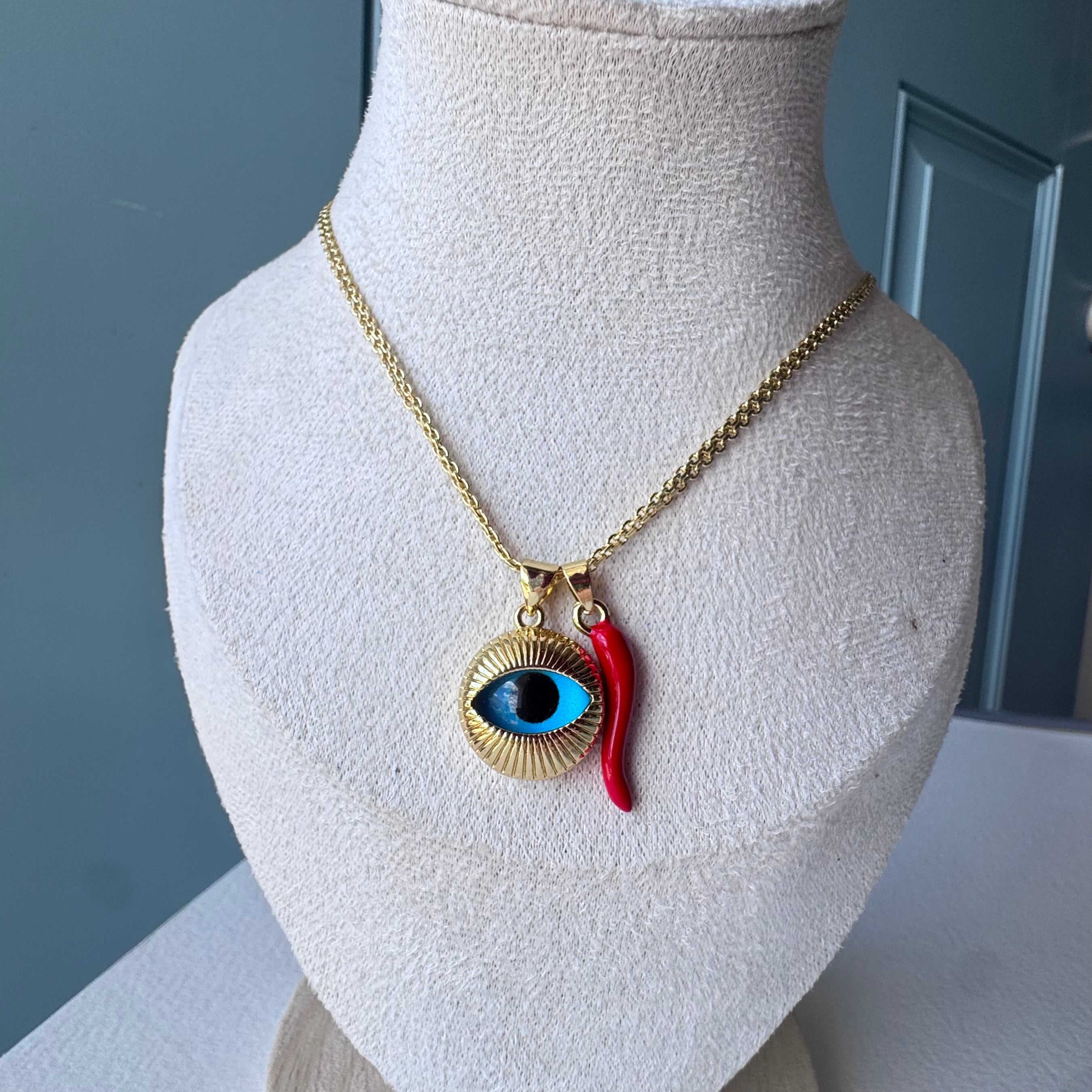 Big Evil Eye Red Horn Chinese Fabric Chain Necklace