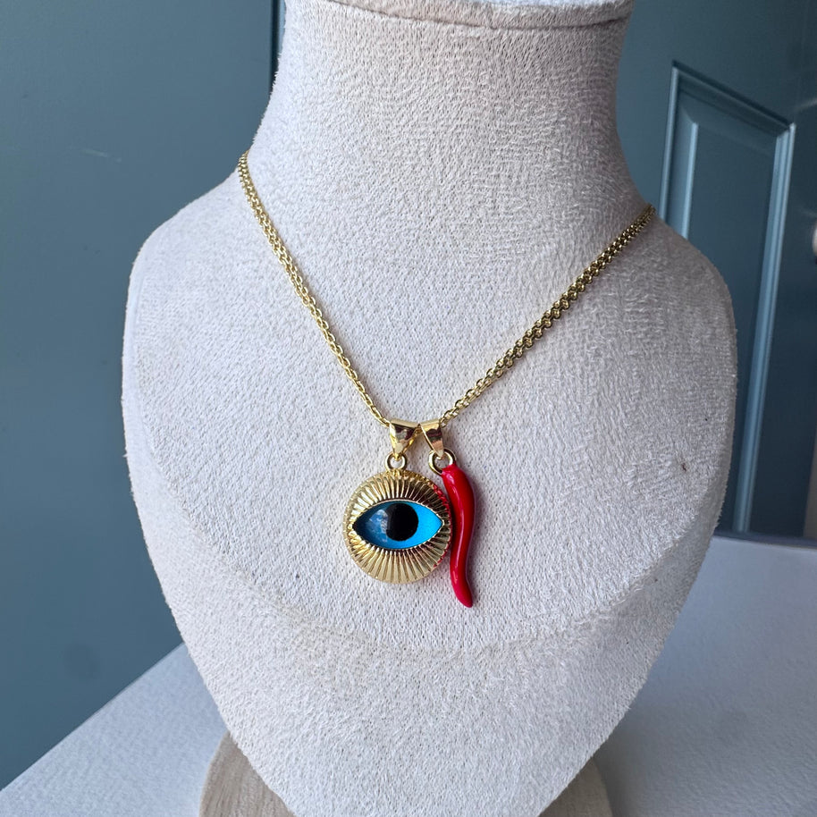 Big Evil Eye Red Horn Chinese Fabric Chain Necklace