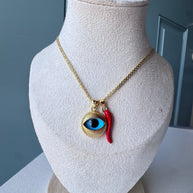 Big Evil Eye Red Horn Chinese Fabric Chain Necklace