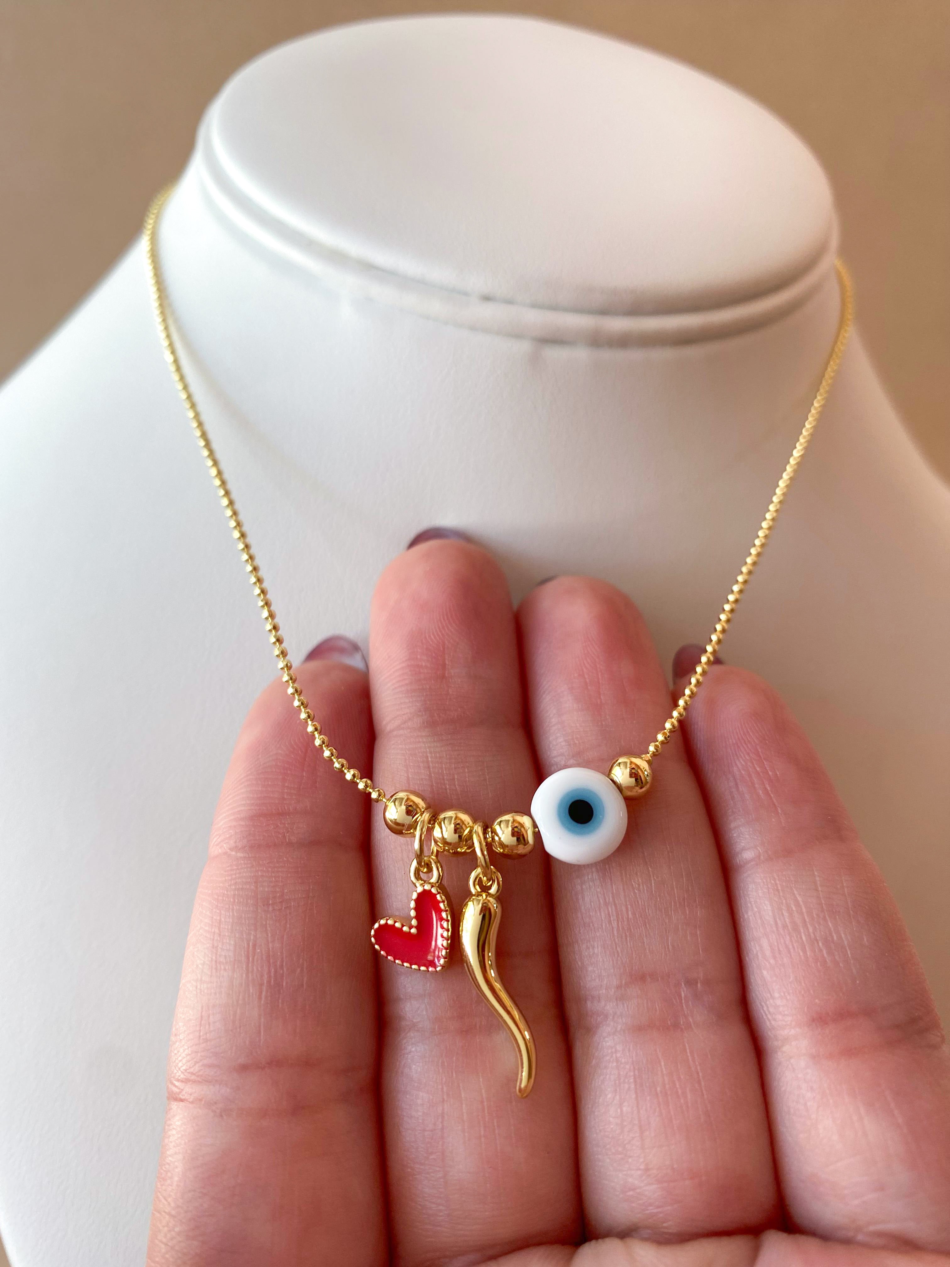 Red Heart, Golden Horn and Evil Eye Style Necklace