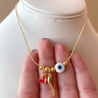 Red Heart, Golden Horn and Evil Eye Style Necklace