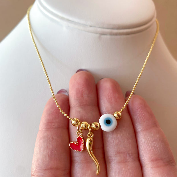 Red Heart, Golden Horn and Evil Eye Style Necklace