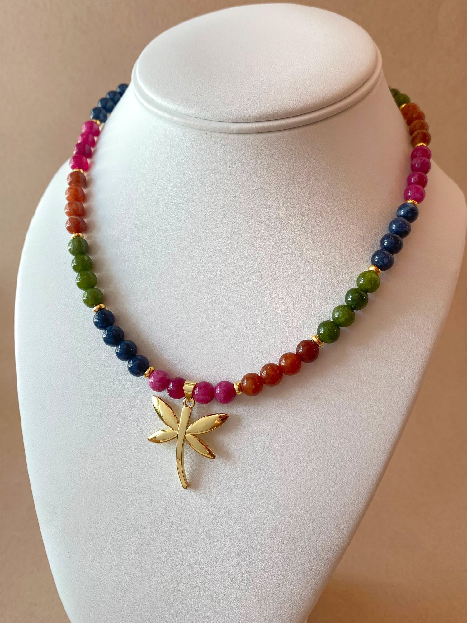 Multicolor Gems Beads Golden Dragonfly Necklace